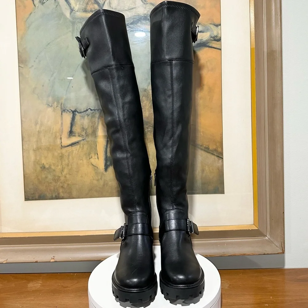 🌸MARC FISHER🌸 Ganven Lug Sole Biker Thigh-High Boots in Black Size: 6.5
